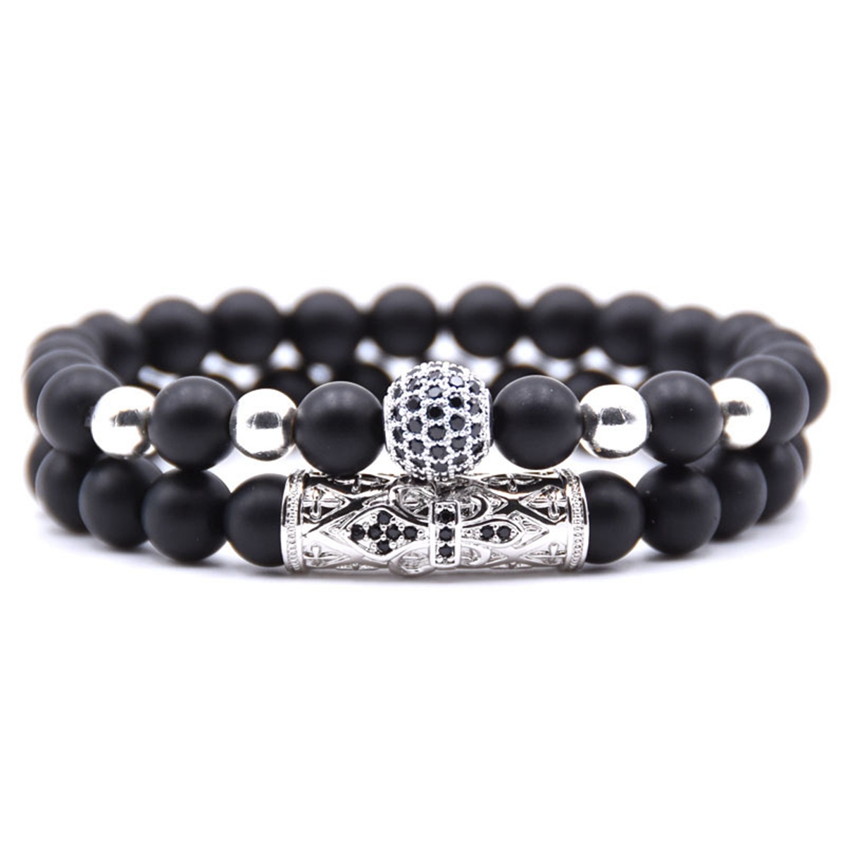 2PCS/SET Rose Gold Crown Matte Onyx Bracelet And Rose Gold Rhinestone Balls Matte Onyx Bracelet