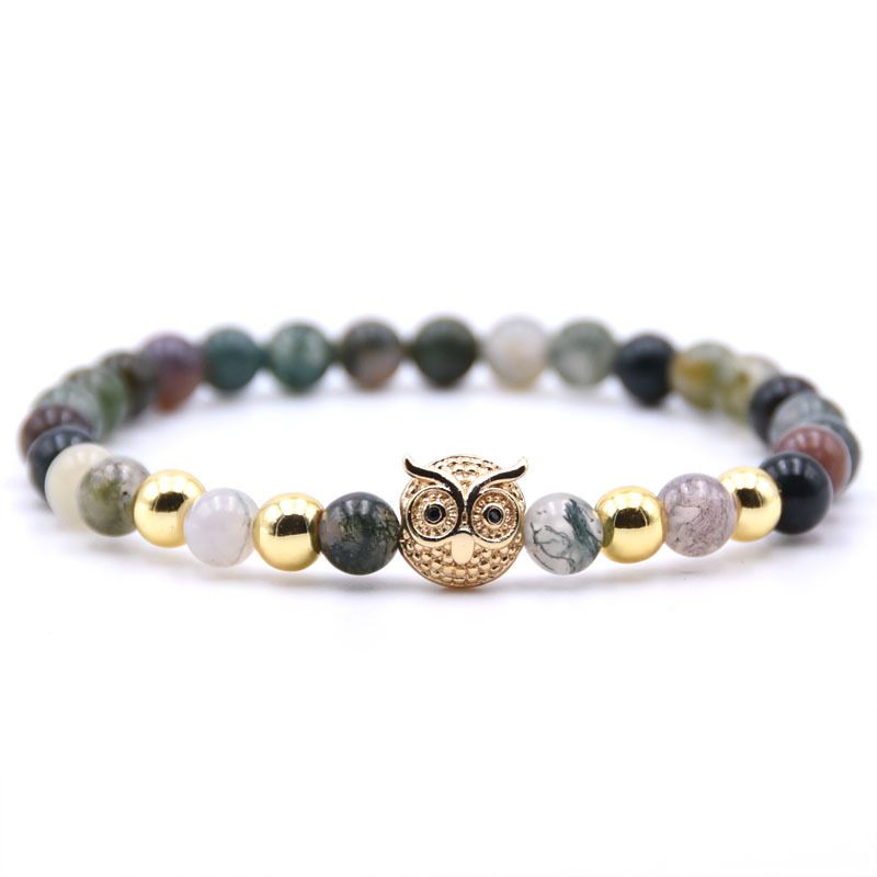 Natural Fancy Jasper Gold Crown Bracelet Lucky Gold Cross And Owl Charm Jewelry