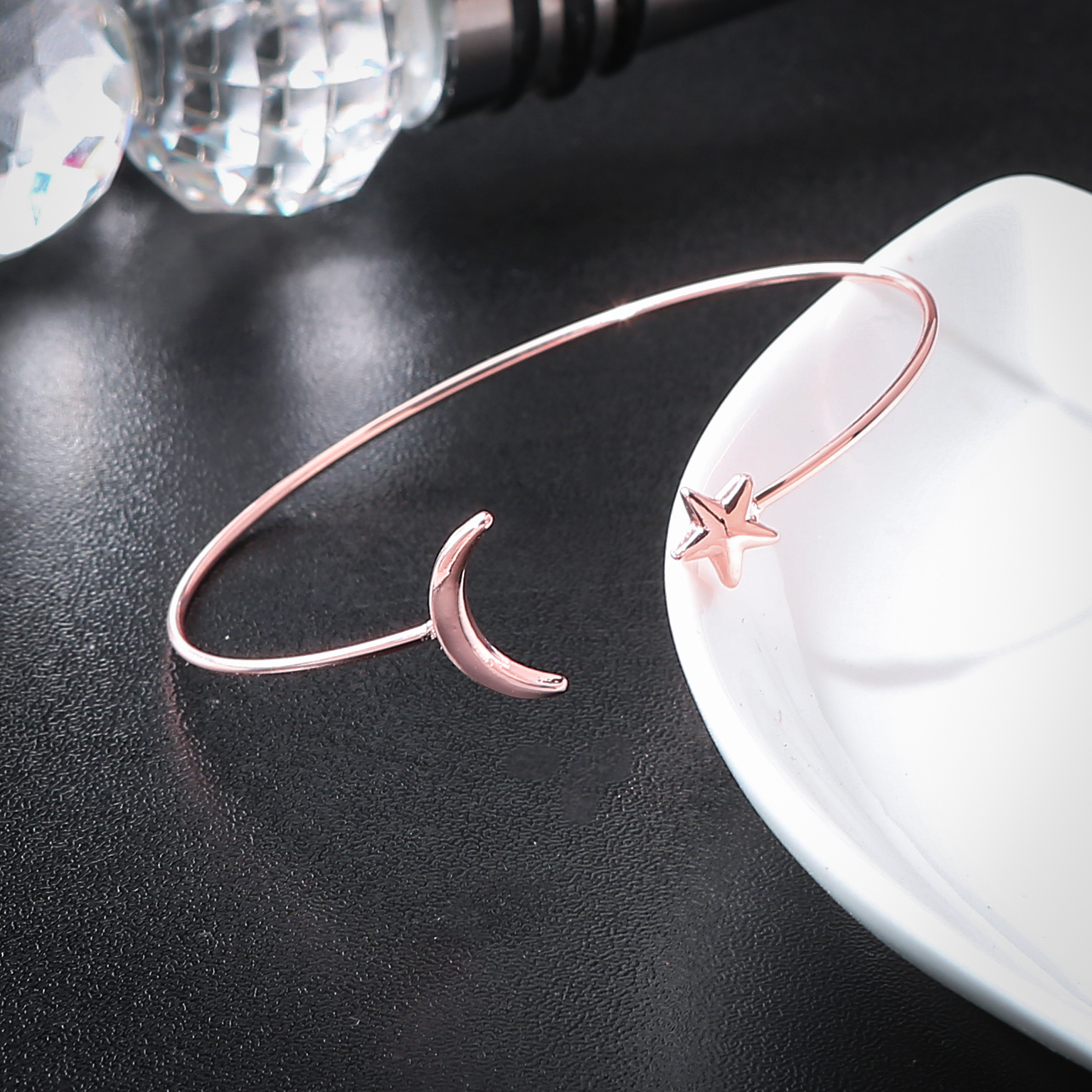 Women's Gold Silver Plated Star Moon Bangle Copper Round Open Cuff Bracelets