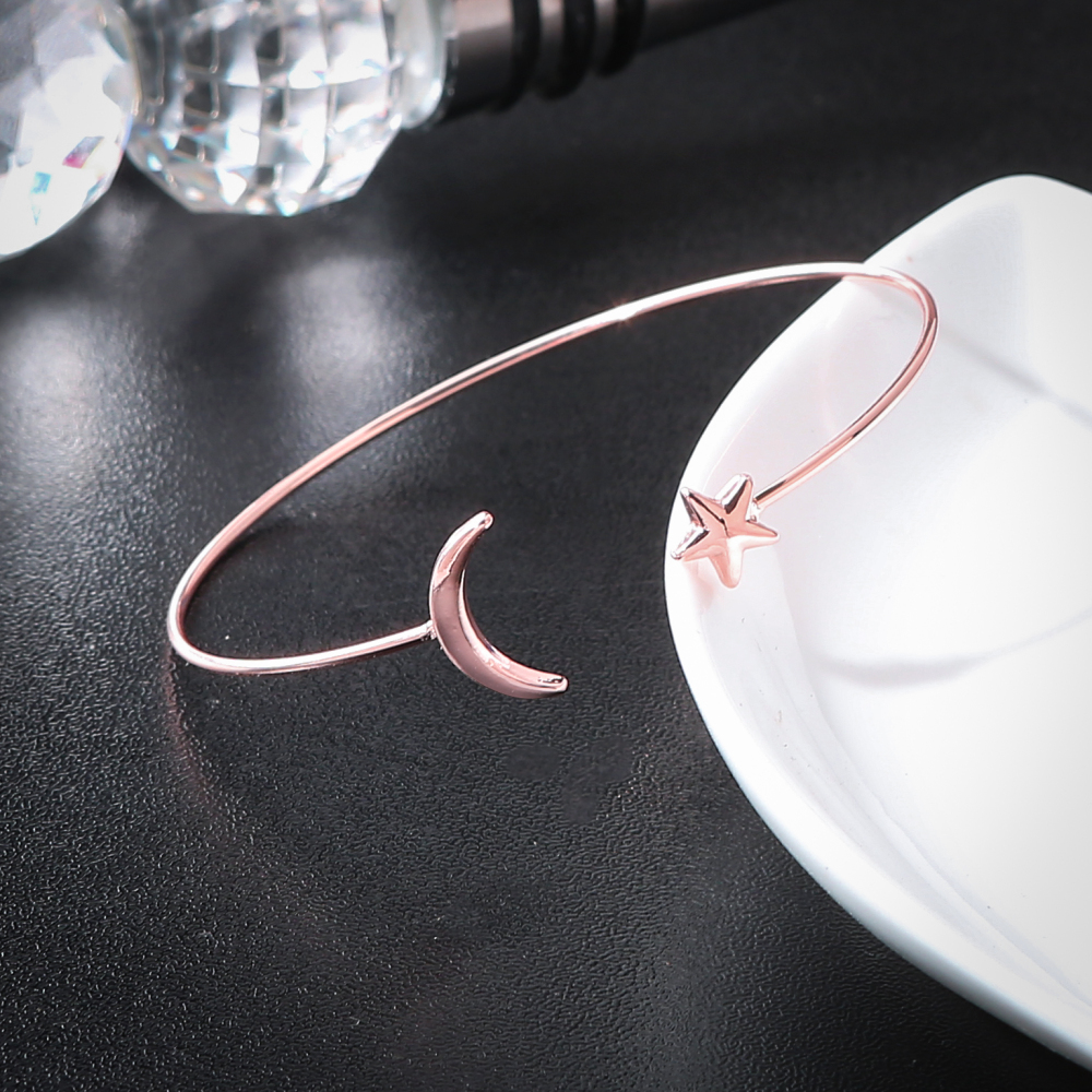 Women's Gold Silver Plated Star Moon Bangle Copper Round Open Cuff Bracelets