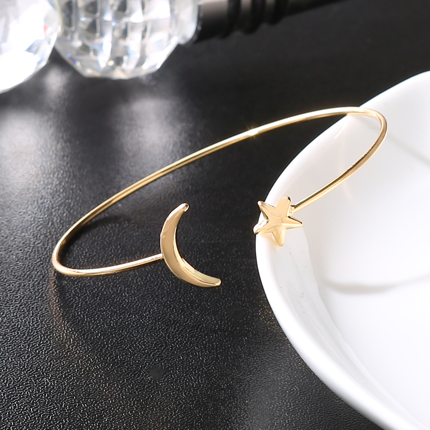 Women's Gold Silver Plated Star Moon Bangle Copper Round Open Cuff Bracelets
