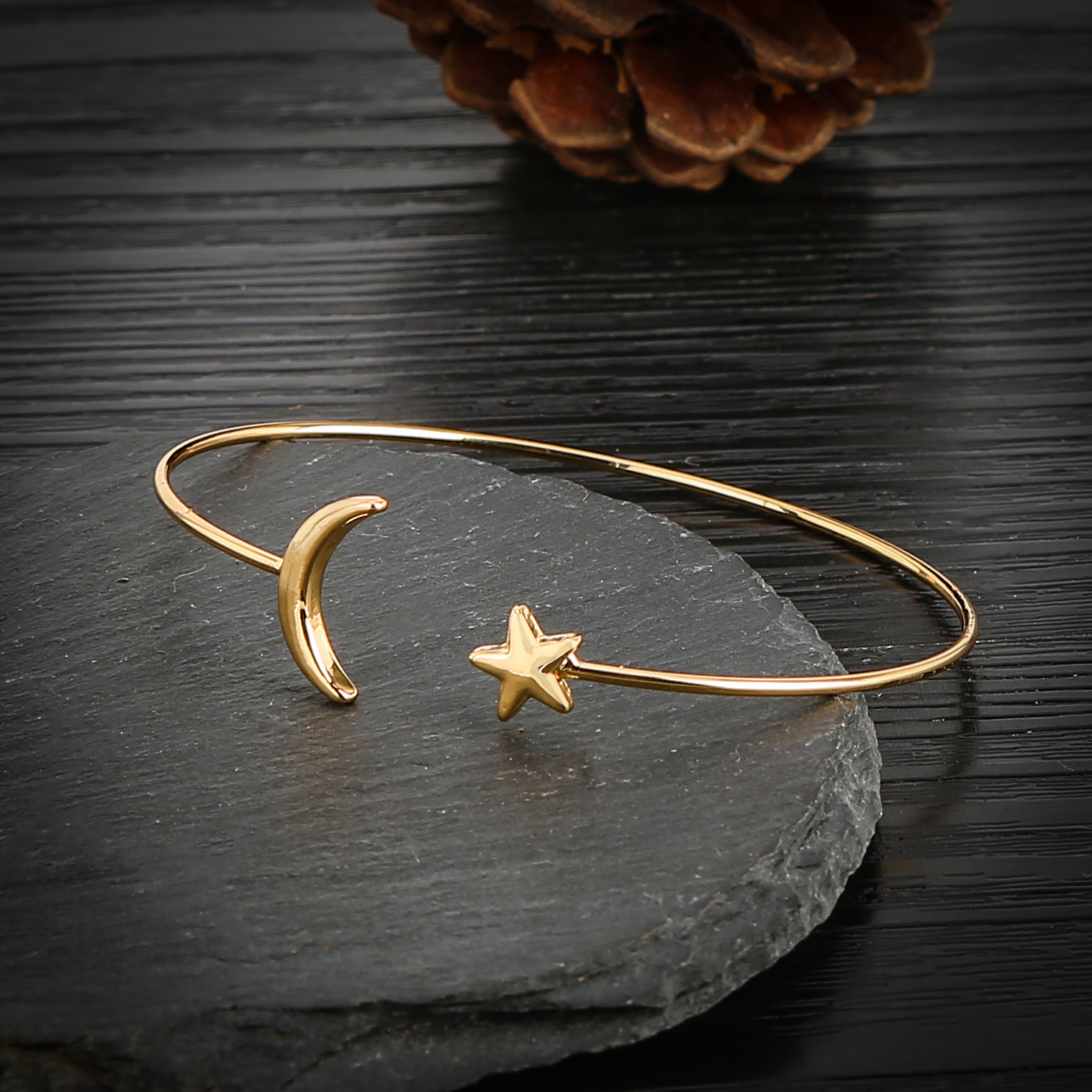 Women's Gold Silver Plated Star Moon Bangle Copper Round Open Cuff Bracelets