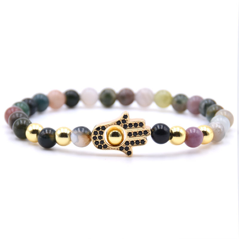 Natural Fancy Jasper Gold Crown Bracelet Lucky Gold Cross And Owl Charm Jewelry