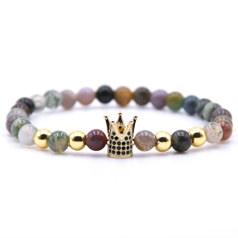 Natural Fancy Jasper Gold Crown Bracelet Lucky Gold Cross And Owl Charm Jewelry