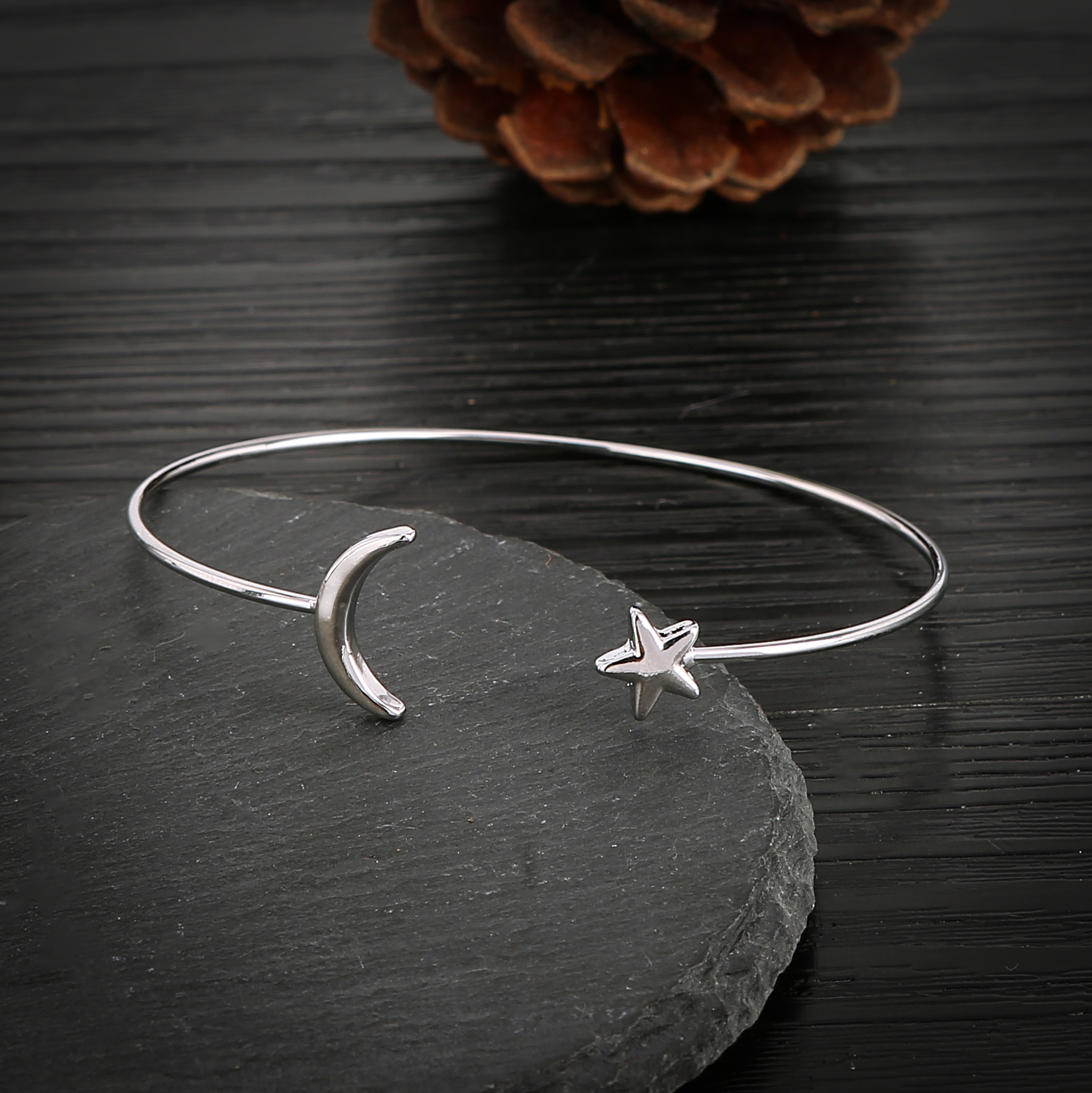 Women's Gold Silver Plated Star Moon Bangle Copper Round Open Cuff Bracelets