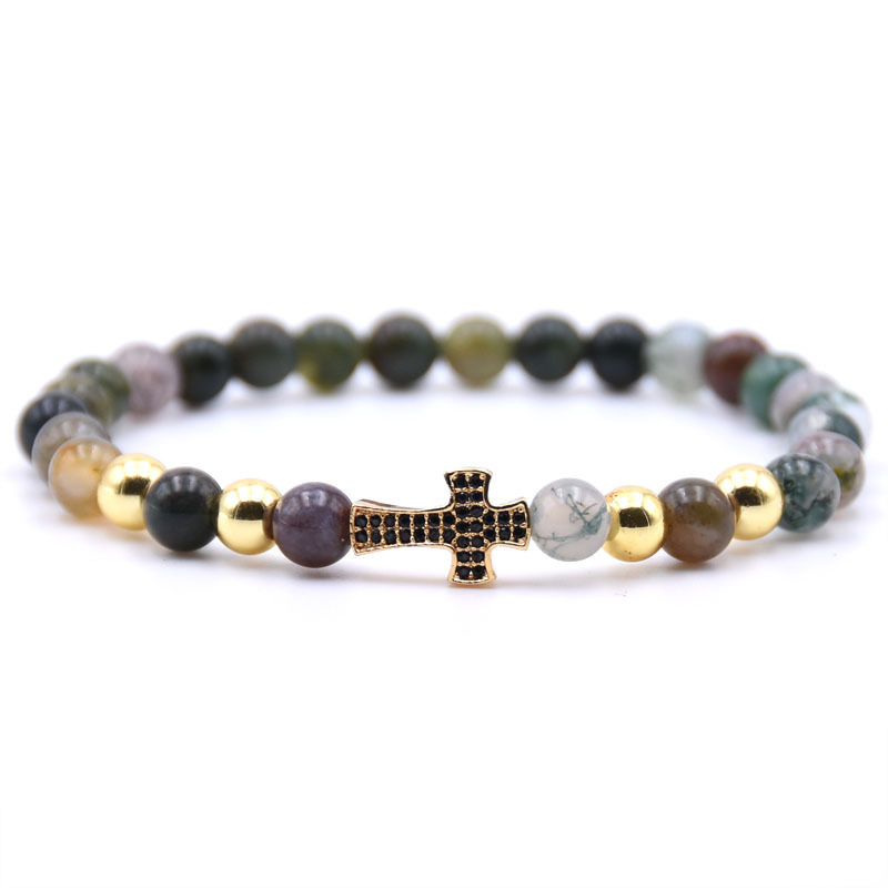 Natural Fancy Jasper Gold Crown Bracelet Lucky Gold Cross And Owl Charm Jewelry