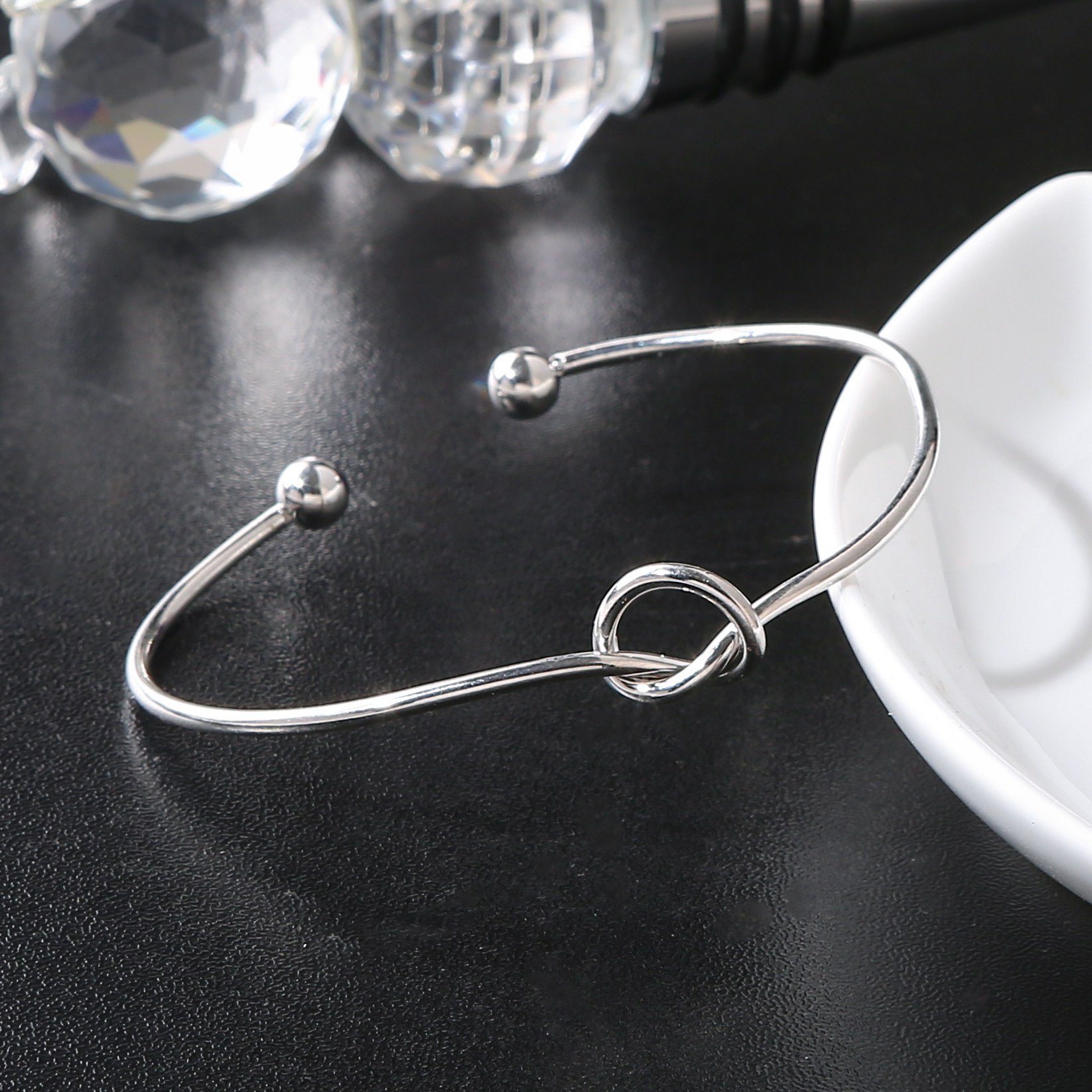 Women's Fashion 925 Silver Adjustable Bangle Simple Love Knot Cuff Bracelet