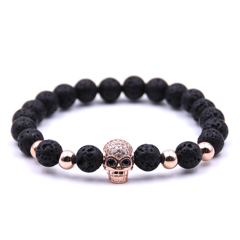 Handmade Men CZ Skull Black Lava Rock Stone Beads Buddha Bracelet Charm Jewelry