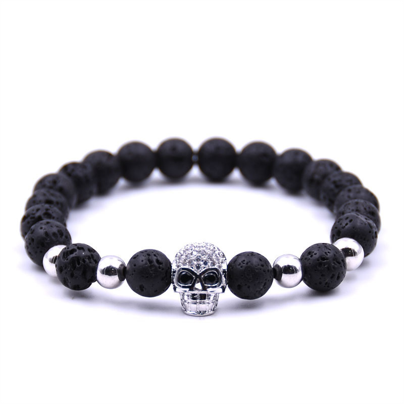 Handmade Men CZ Skull Black Lava Rock Stone Beads Buddha Bracelet Charm Jewelry