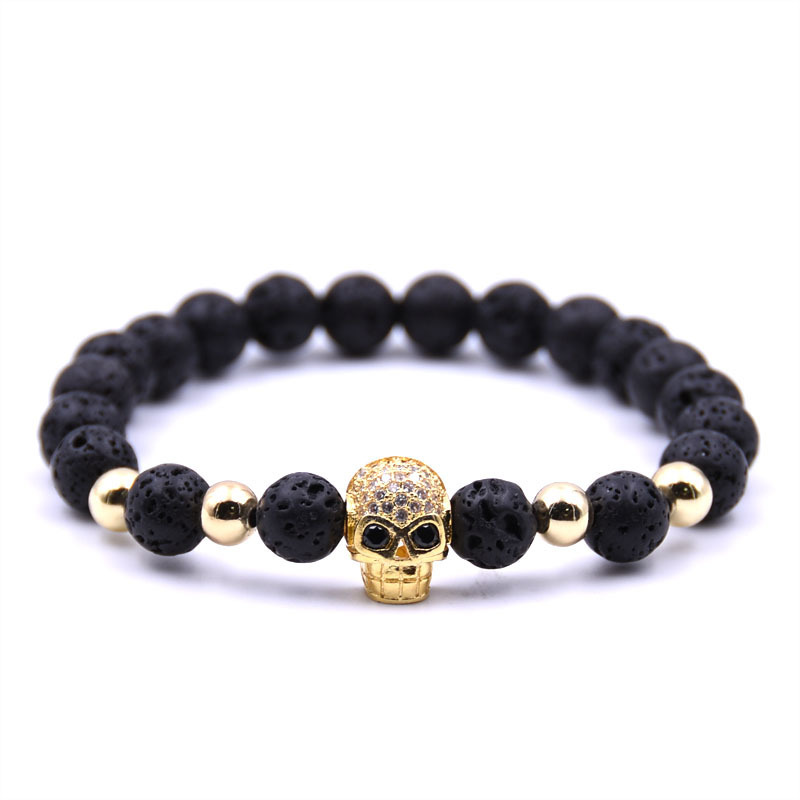 Handmade Men CZ Skull Black Lava Rock Stone Beads Buddha Bracelet Charm Jewelry