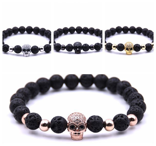 Handmade Men CZ Skull Black Lava Rock Stone Beads Buddha Bracelet Charm Jewelry