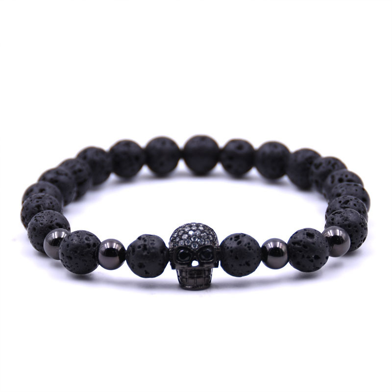 Handmade Men CZ Skull Black Lava Rock Stone Beads Buddha Bracelet Charm Jewelry