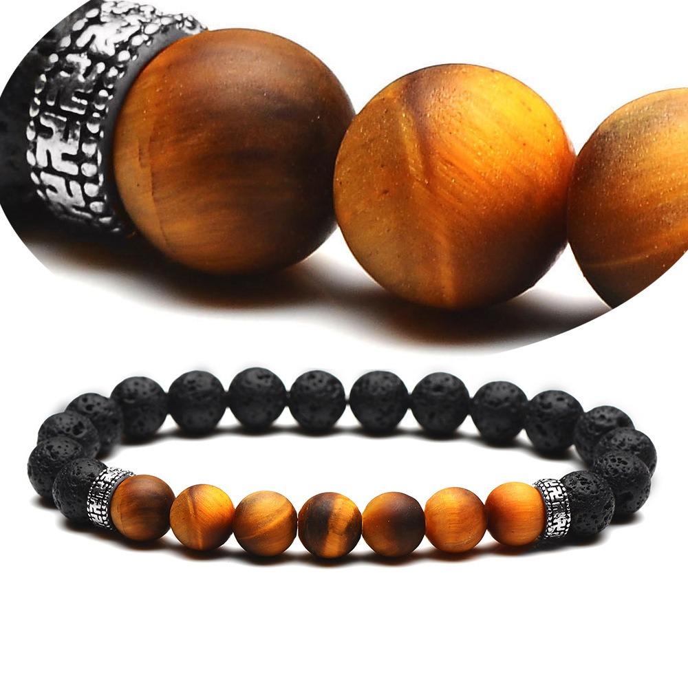 Men's Tiger Eye Beaded Black Volcanic Lava Stone Bracelet Essential Oil Diffuser