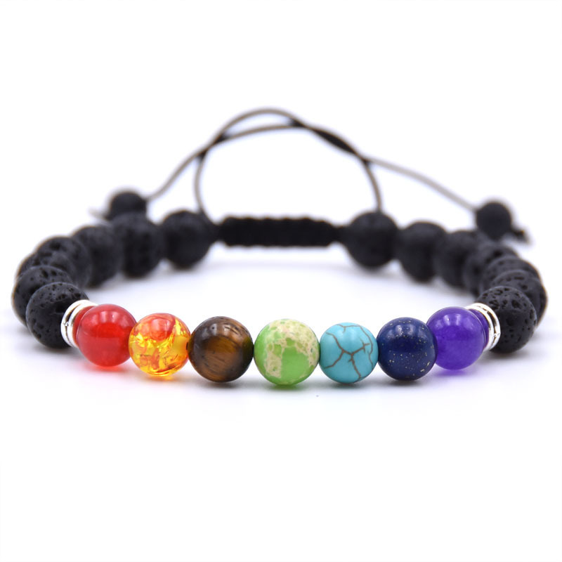 8MM Handmade Woven Natural Lava Stone Beads Adjustable Braided 7 Chakra Bracelet