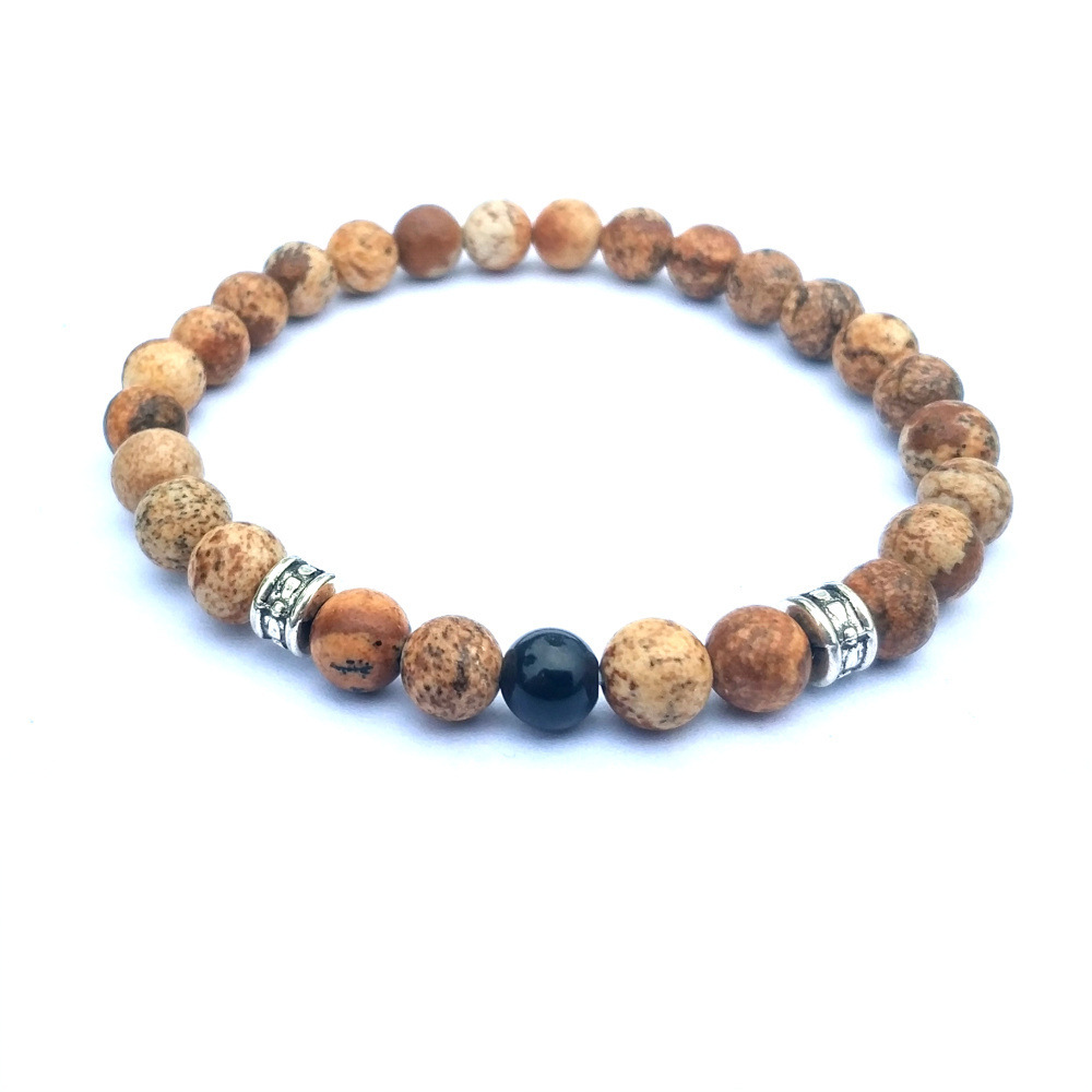 2Pcs/Set Couples Black Onyx Picture Jasper Jewelry Bracelet for Men Women Gift