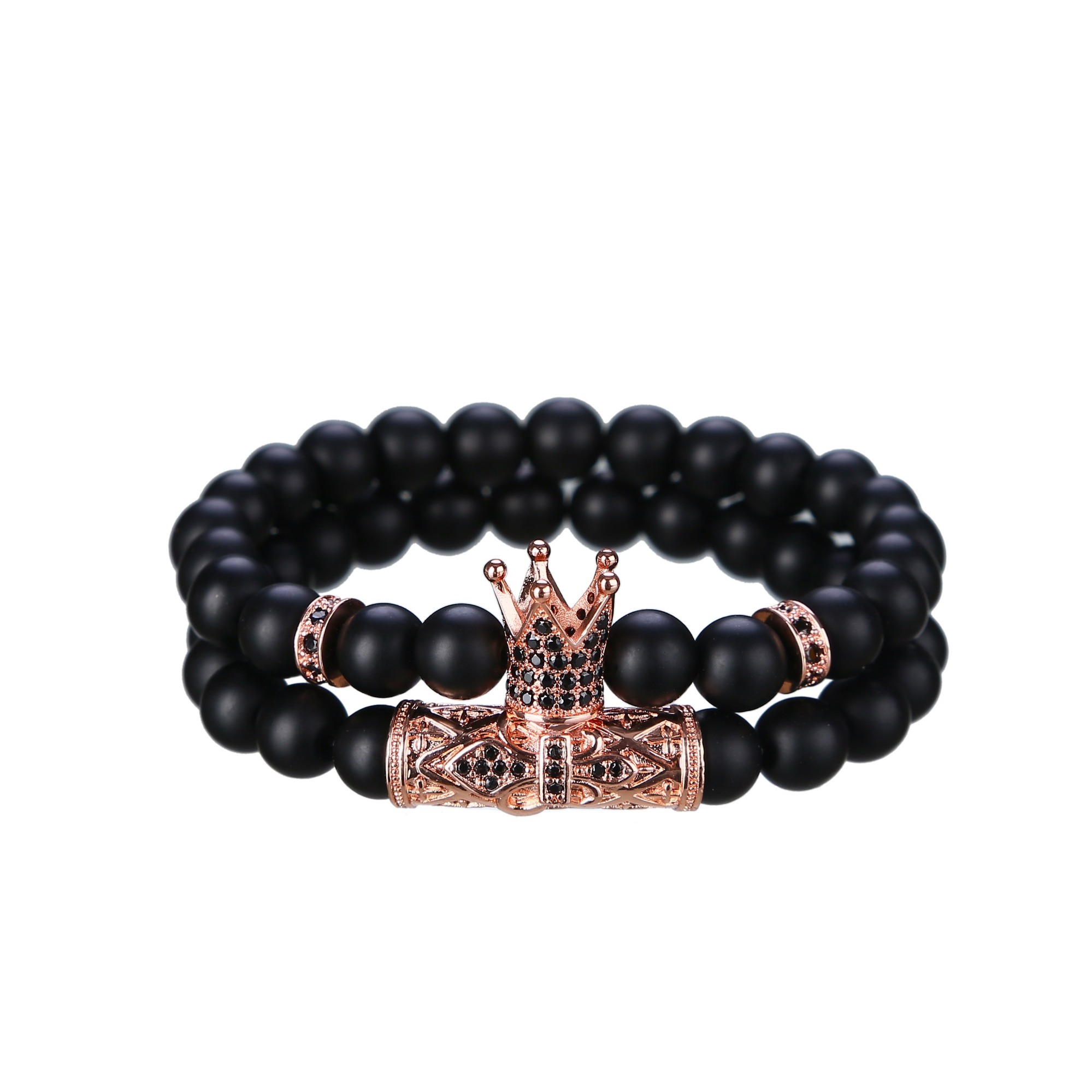 2pcs/Set Fashion Crown Zicron Tube Black Rhinestone Balls Matte Onyx Bracelet