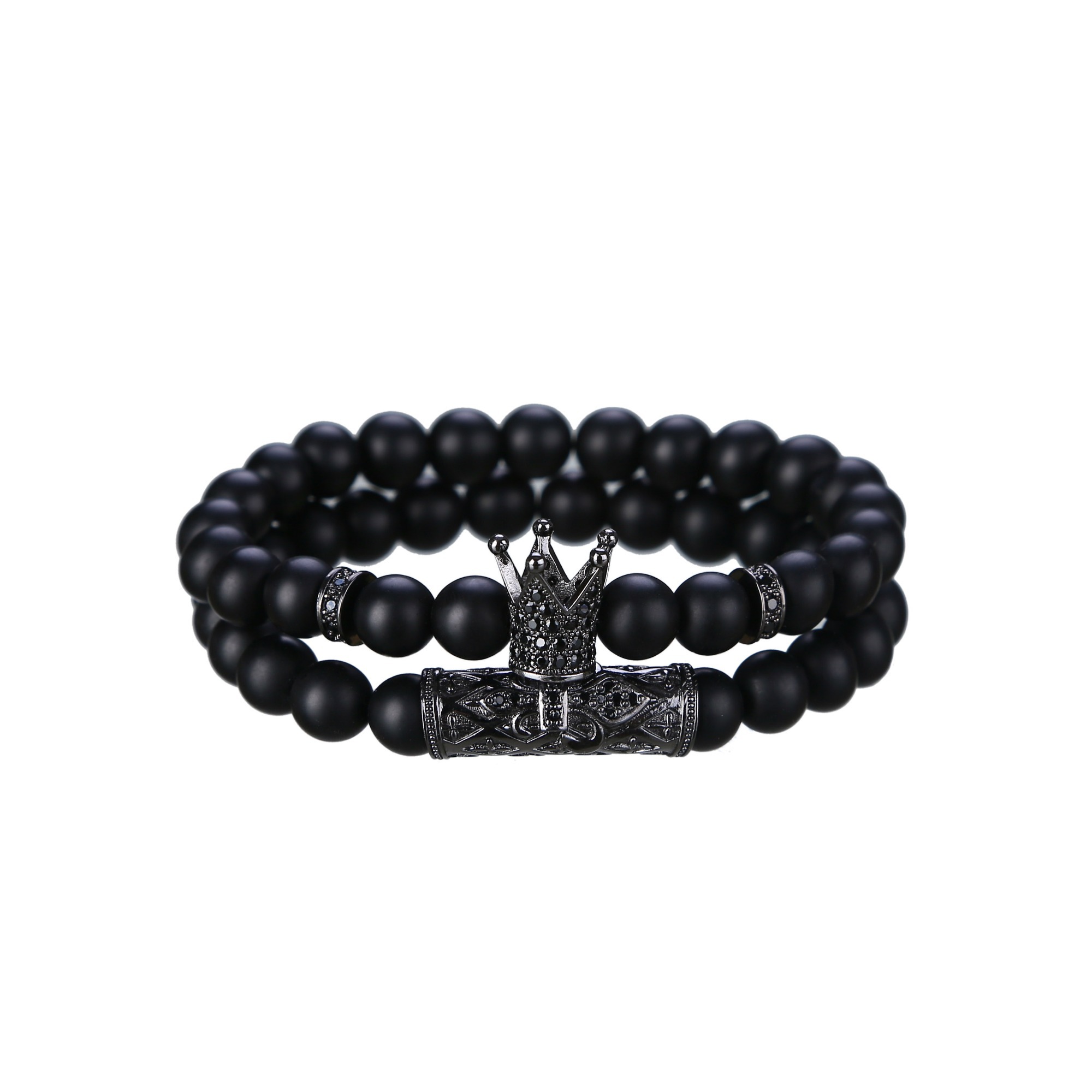 2pcs/Set Fashion Crown Zicron Tube Black Rhinestone Balls Matte Onyx Bracelet