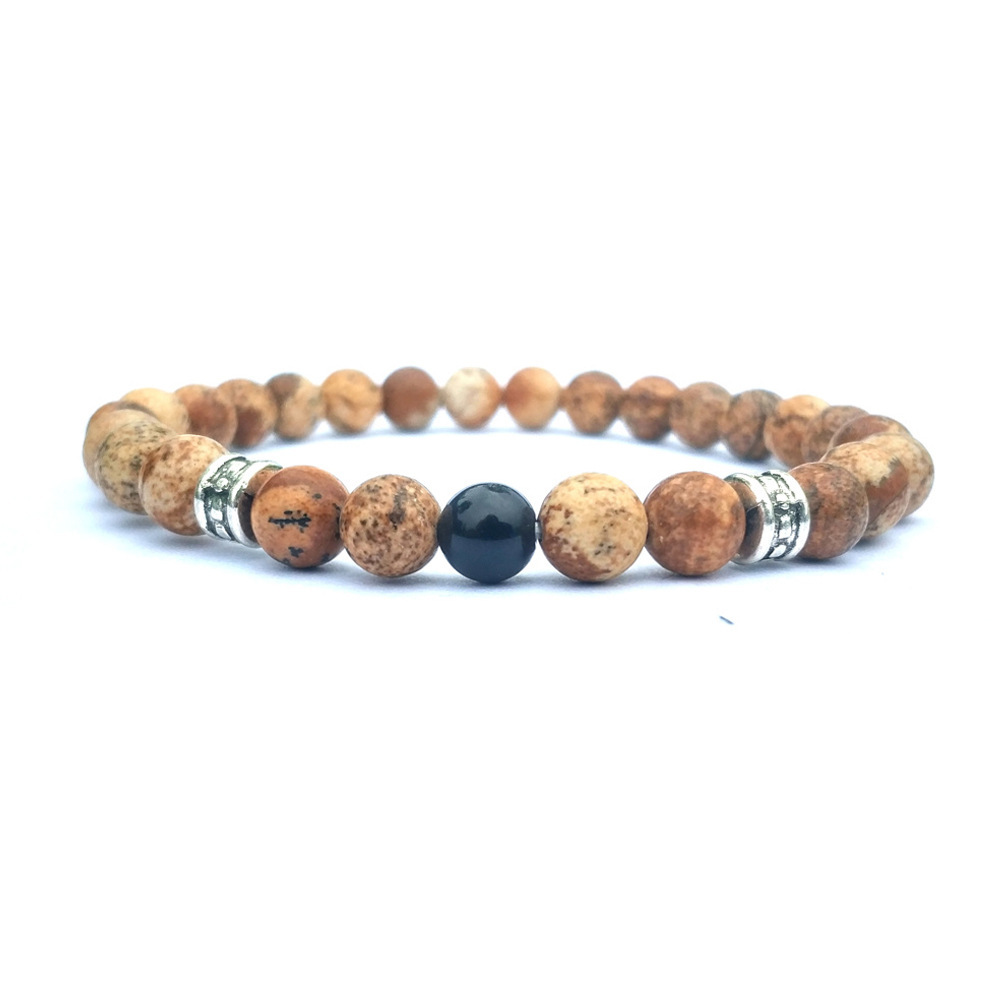 2Pcs/Set Couples Black Onyx Picture Jasper Jewelry Bracelet for Men Women Gift