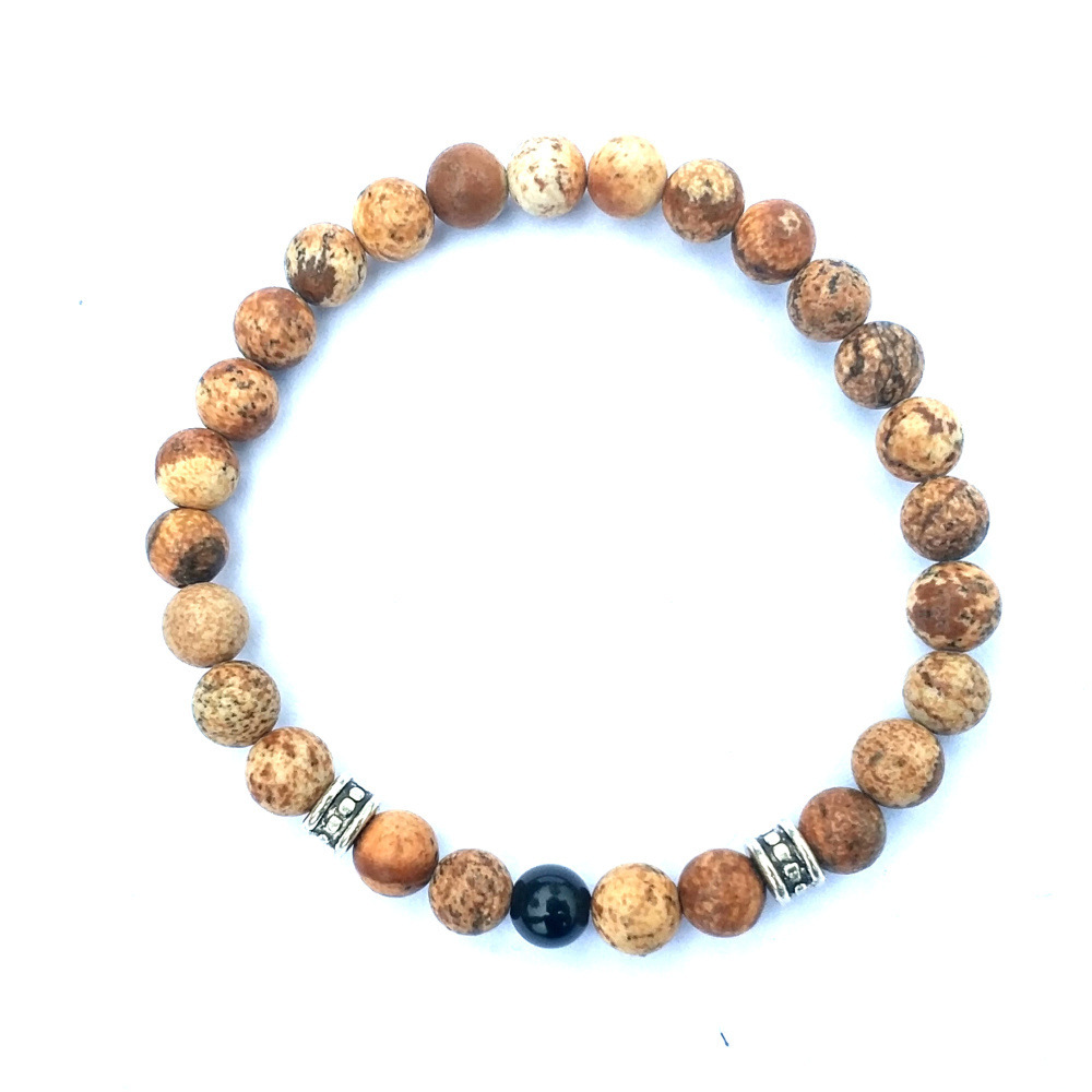 2Pcs/Set Couples Black Onyx Picture Jasper Jewelry Bracelet for Men Women Gift