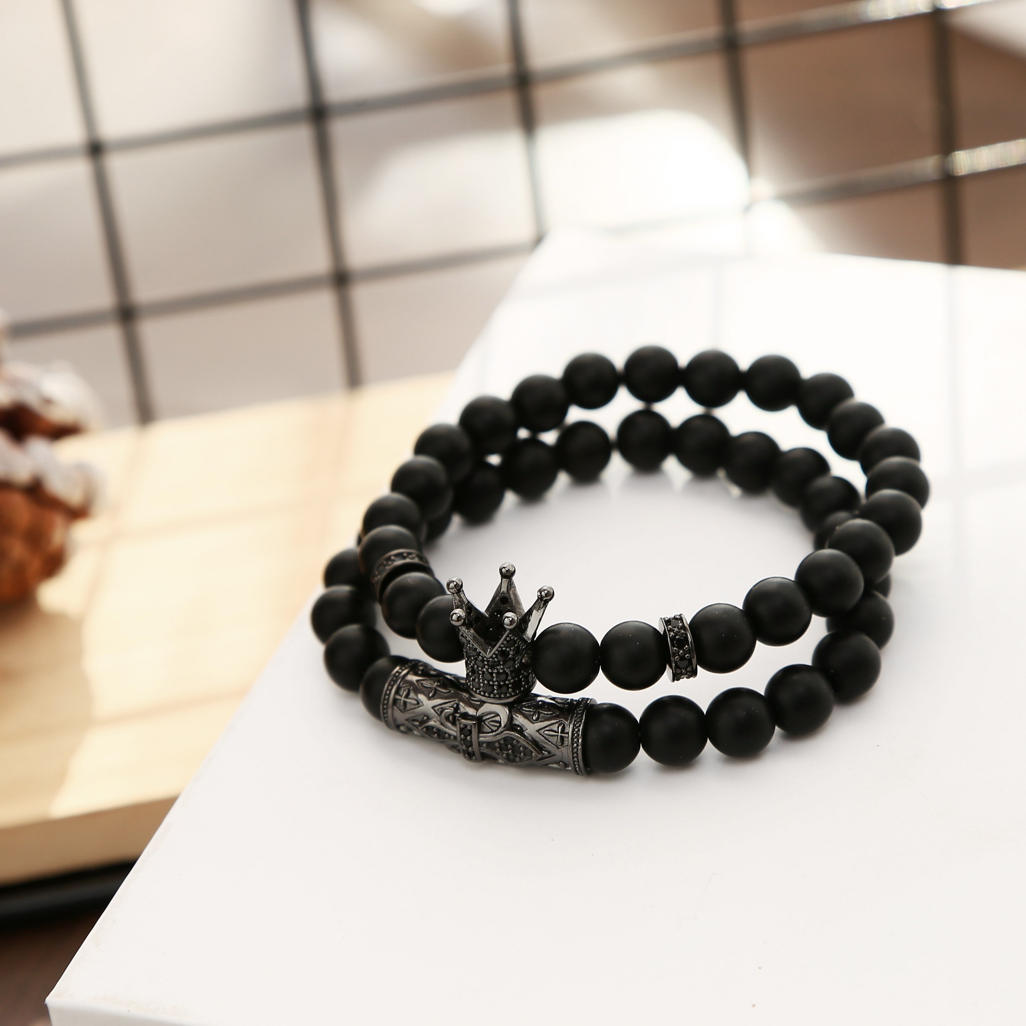 2pcs/Set Fashion Crown Zicron Tube Black Rhinestone Balls Matte Onyx Bracelet