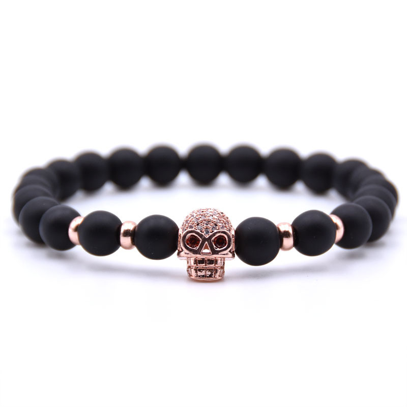 Fashion Zicron Skull Head Matte Black Onyx Round Beads Bracelets Gift for Men