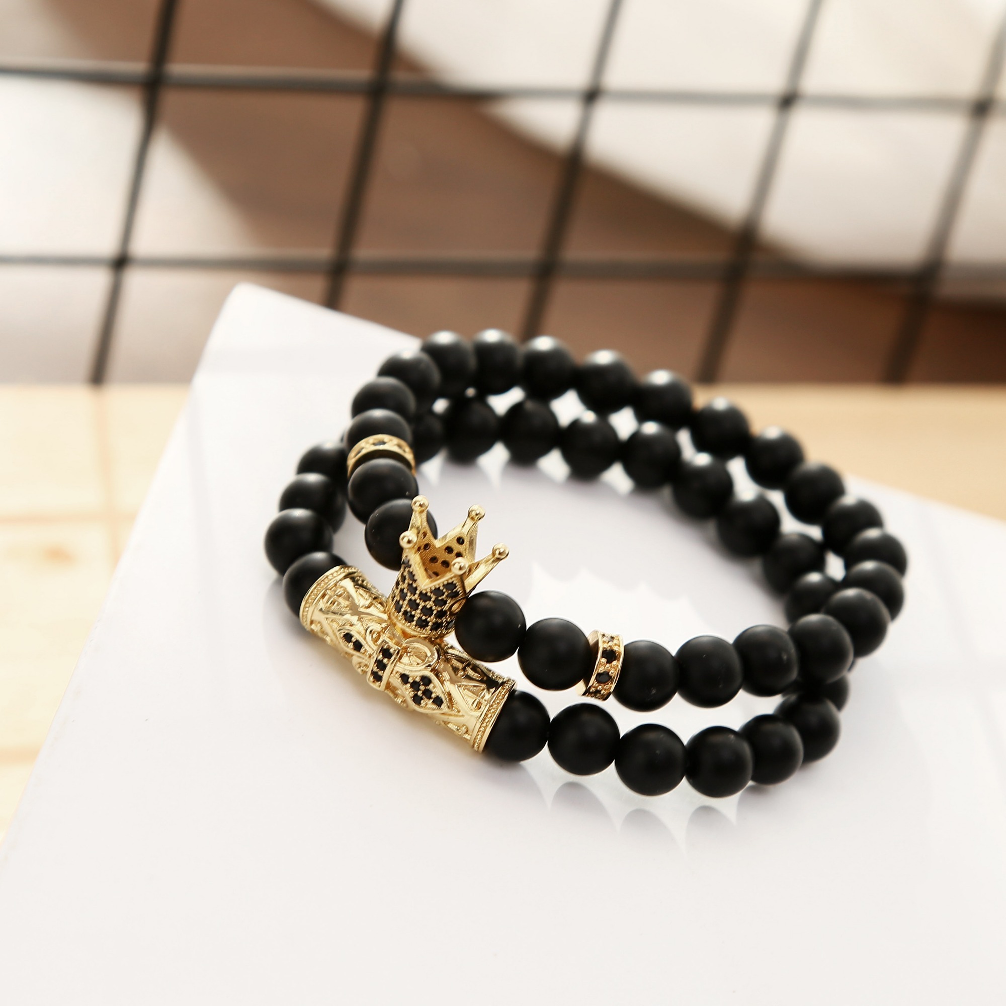 2pcs/Set Fashion Crown Zicron Tube Black Rhinestone Balls Matte Onyx Bracelet
