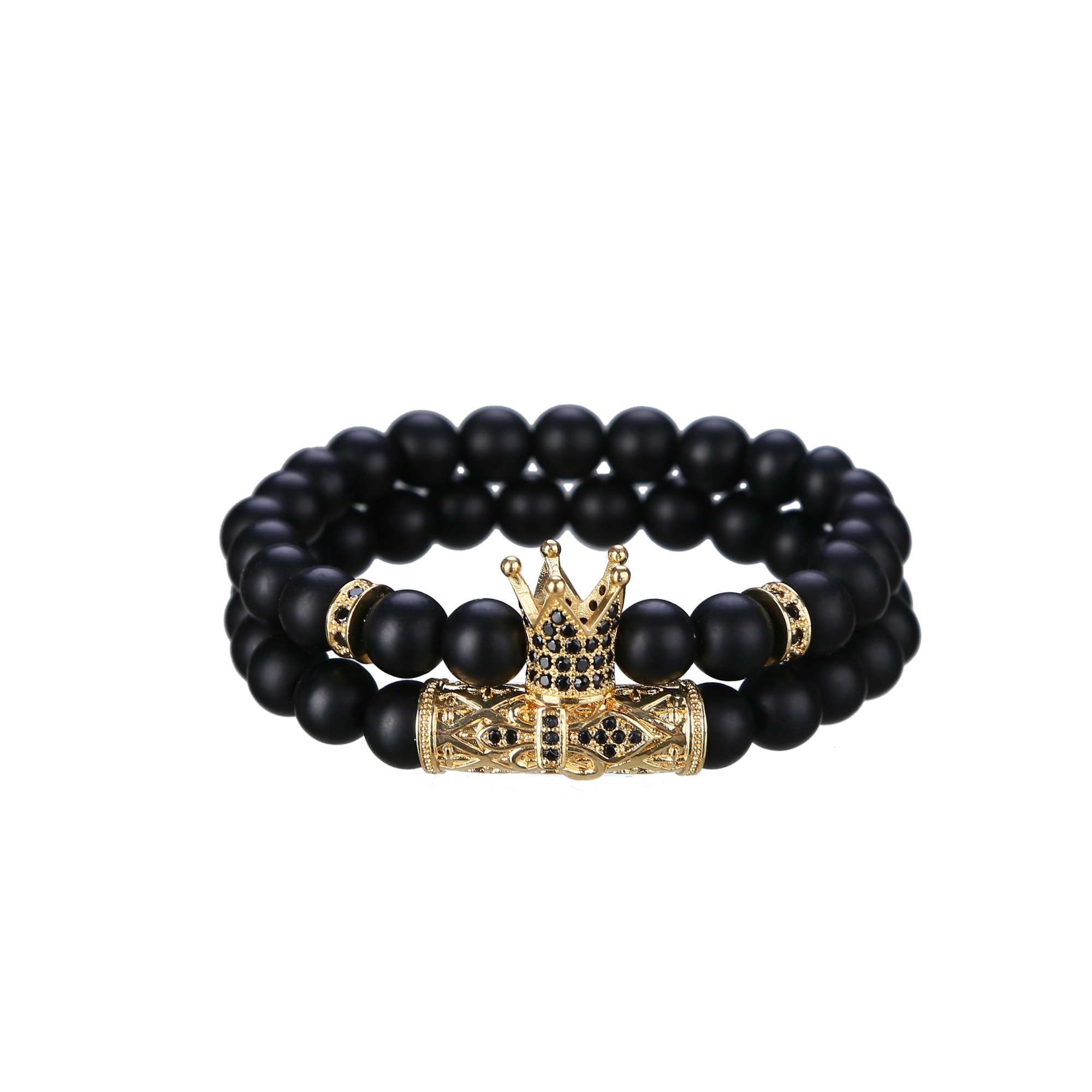 2pcs/Set Fashion Crown Zicron Tube Black Rhinestone Balls Matte Onyx Bracelet
