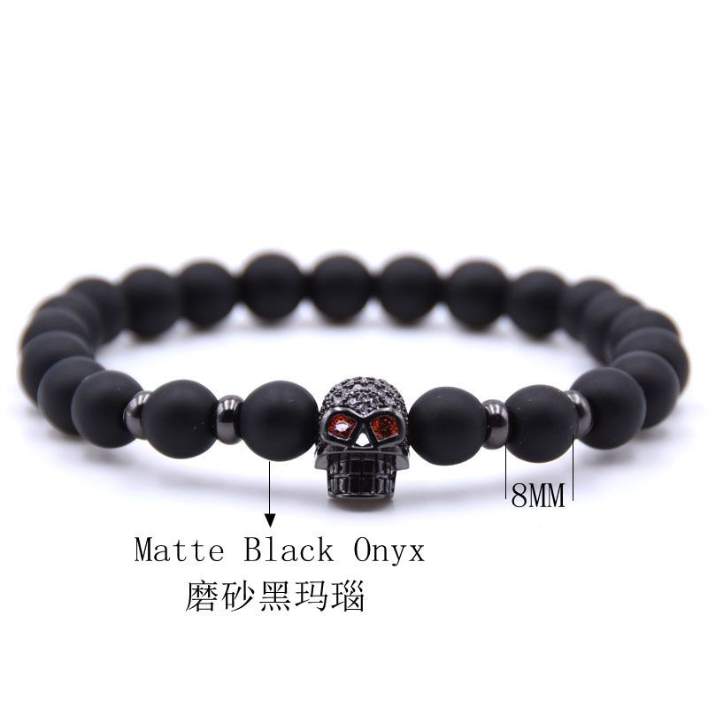 Fashion Zicron Skull Head Matte Black Onyx Round Beads Bracelets Gift for Men