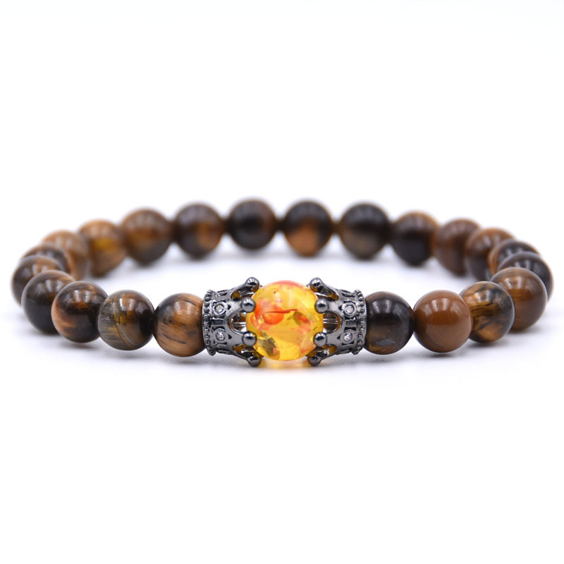 Natural 10mm Amber Stone Pave CZ Double Crown Charm Bracelet Gift for Women Men