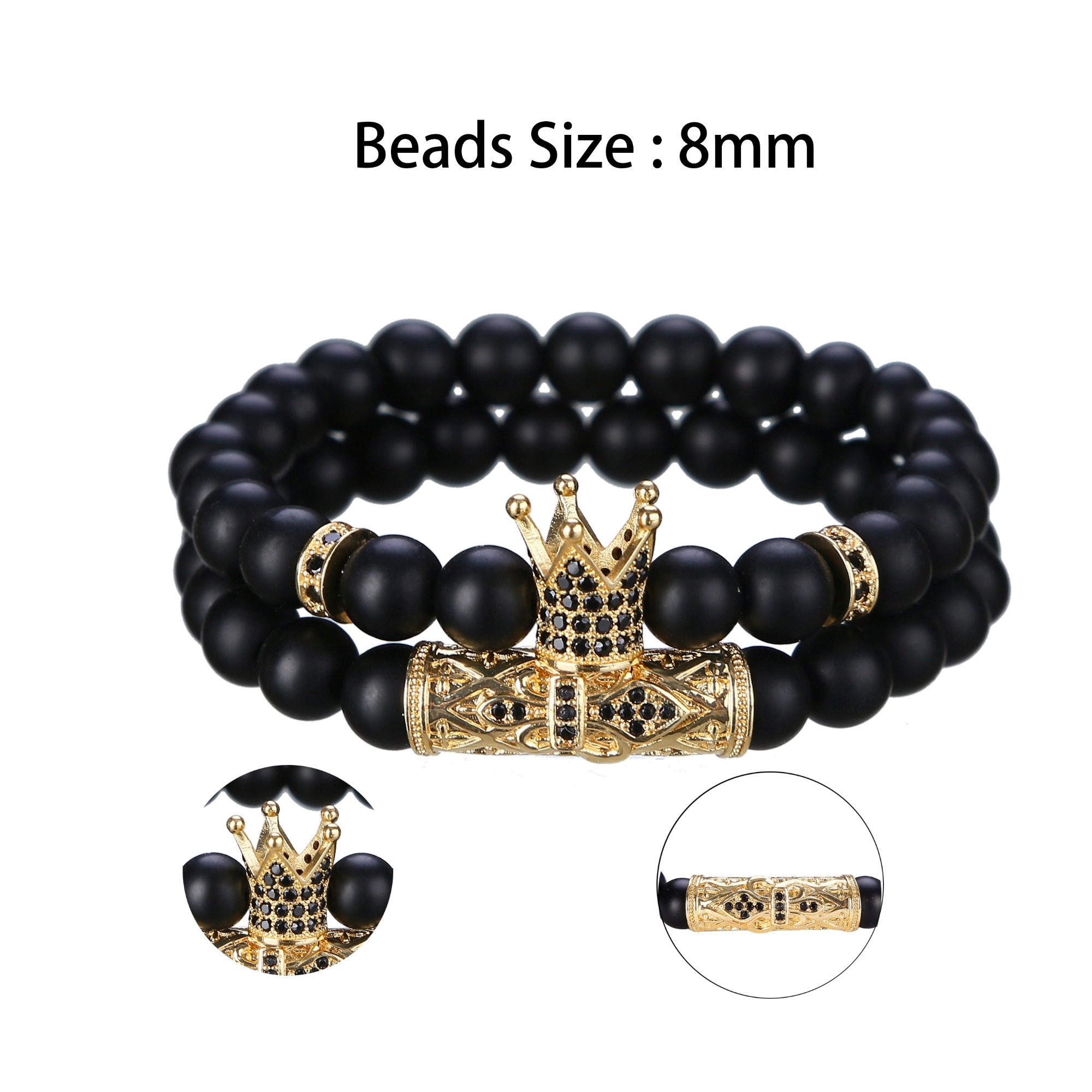 2pcs/Set Fashion Crown Zicron Tube Black Rhinestone Balls Matte Onyx Bracelet