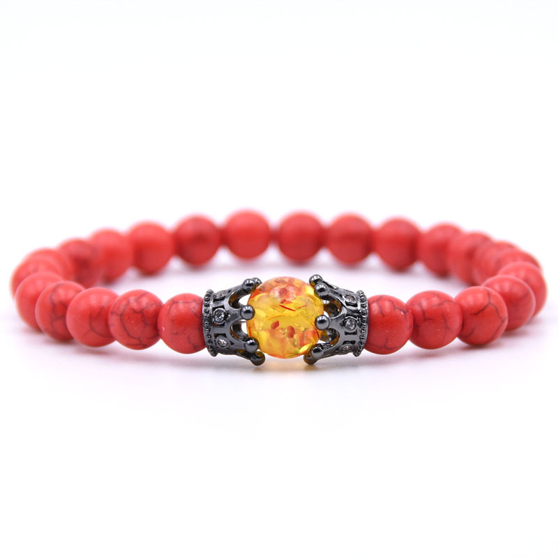 Natural 10mm Amber Stone Pave CZ Double Crown Charm Bracelet Gift for Women Men