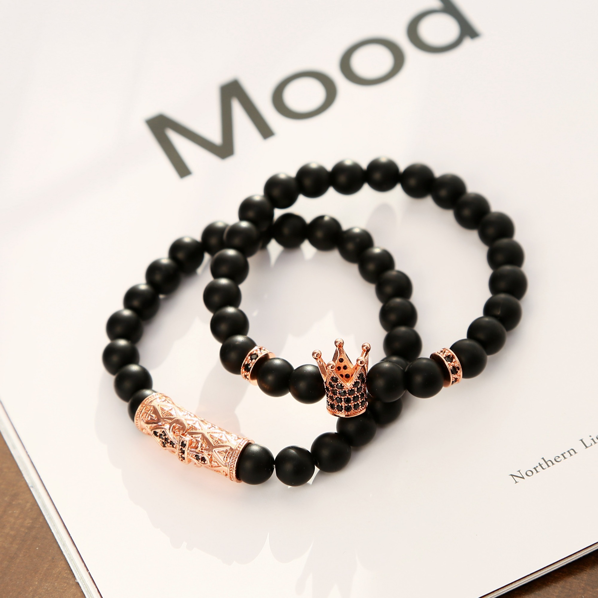 2pcs/Set Fashion Crown Zicron Tube Black Rhinestone Balls Matte Onyx Bracelet