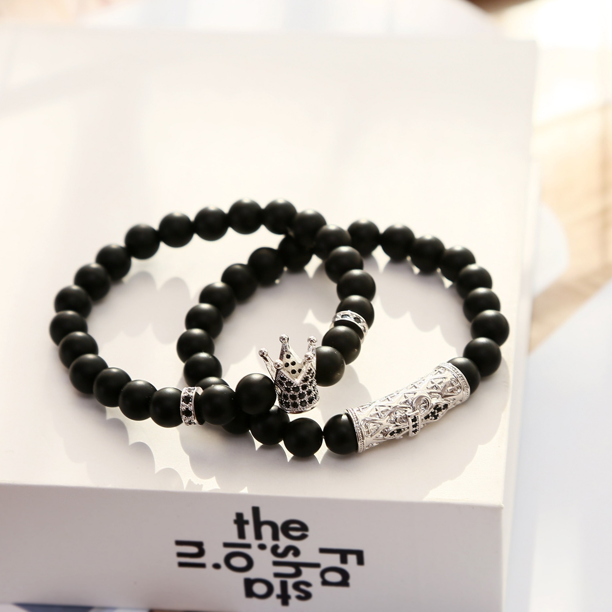 2pcs/Set Fashion Crown Zicron Tube Black Rhinestone Balls Matte Onyx Bracelet