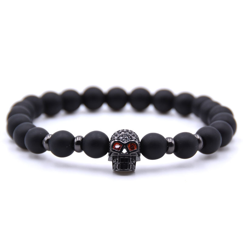 Fashion Zicron Skull Head Matte Black Onyx Round Beads Bracelets Gift for Men
