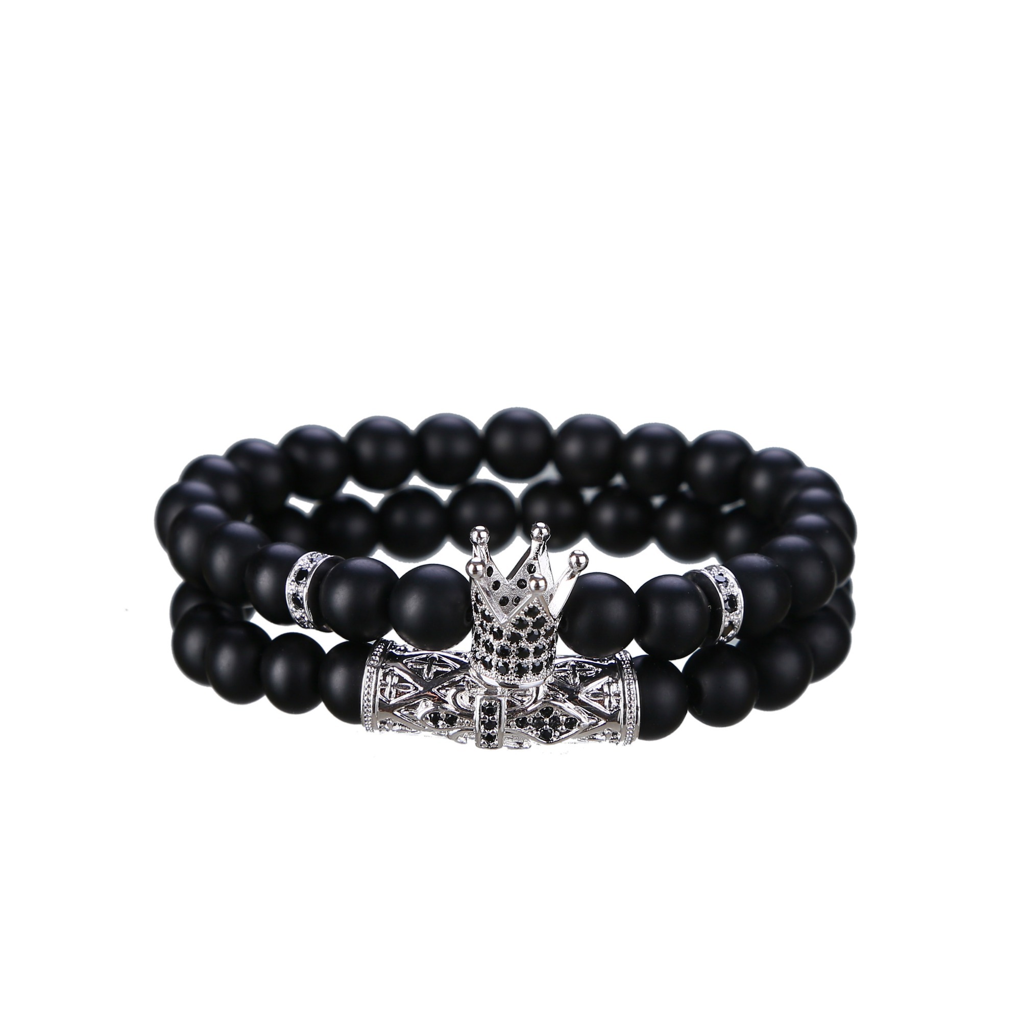 2pcs/Set Fashion Crown Zicron Tube Black Rhinestone Balls Matte Onyx Bracelet