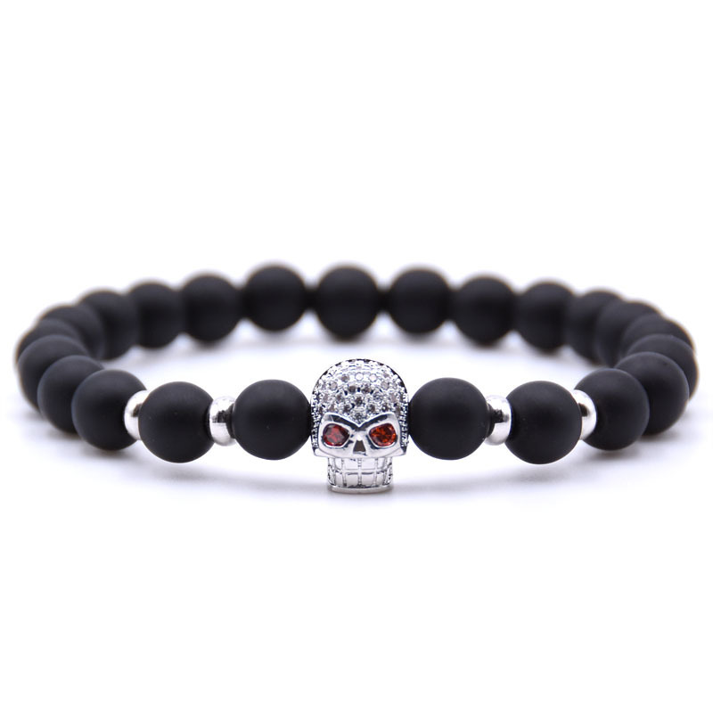 Fashion Zicron Skull Head Matte Black Onyx Round Beads Bracelets Gift for Men