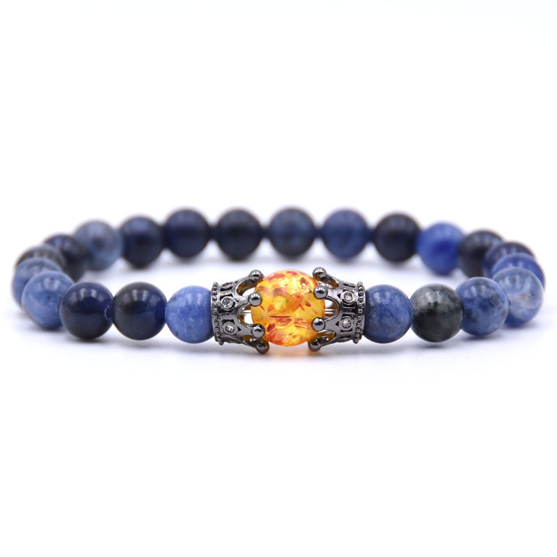 Natural 10mm Amber Stone Pave CZ Double Crown Charm Bracelet Gift for Women Men