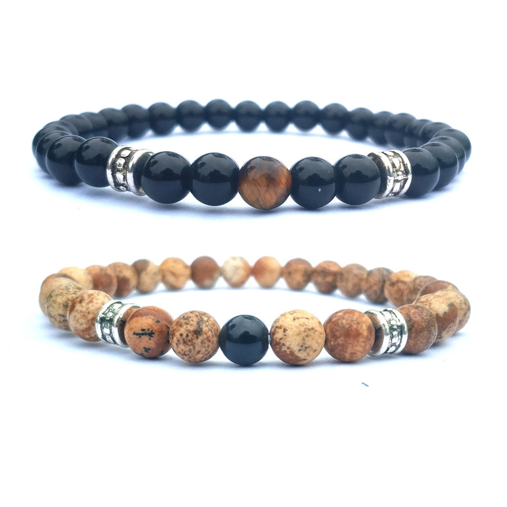 2Pcs/Set Couples Black Onyx Picture Jasper Jewelry Bracelet for Men Women Gift