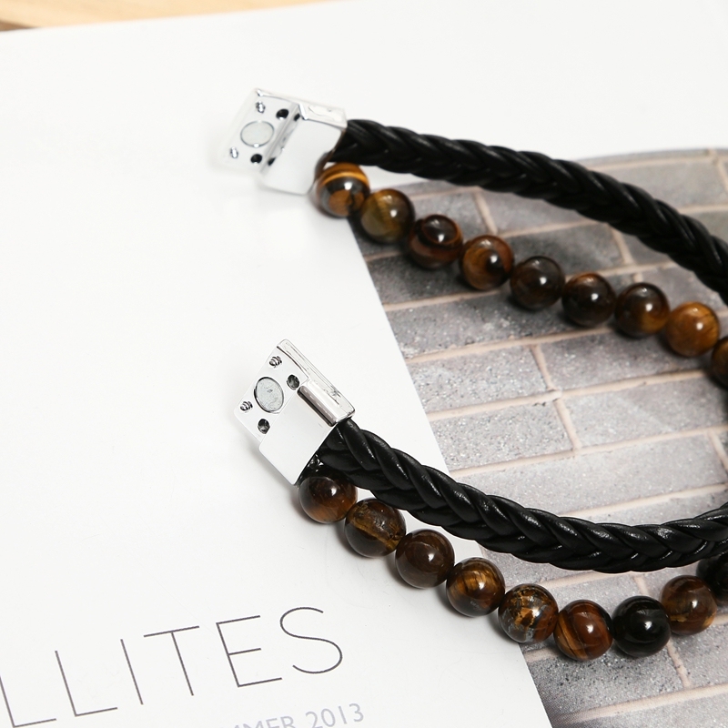8MM Natural Tiger eye Stone Beads Stainless Steel Magnetic Leather Bracelet