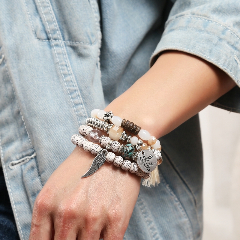 Charm Beads Leather Wrap Wing Braided Cuff Bangle Tube Bracelet for Lover
