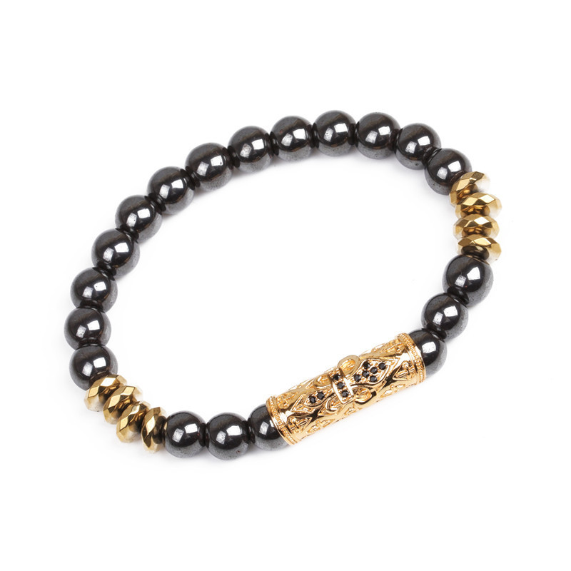 8mm Natural Magnetite Hematite Gold Cross Zicron Chip Beads Bracelet Women Men