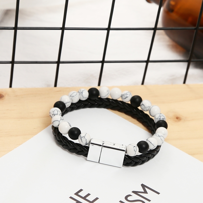 8MM Natural Tiger eye Stone Beads Stainless Steel Magnetic Leather Bracelet