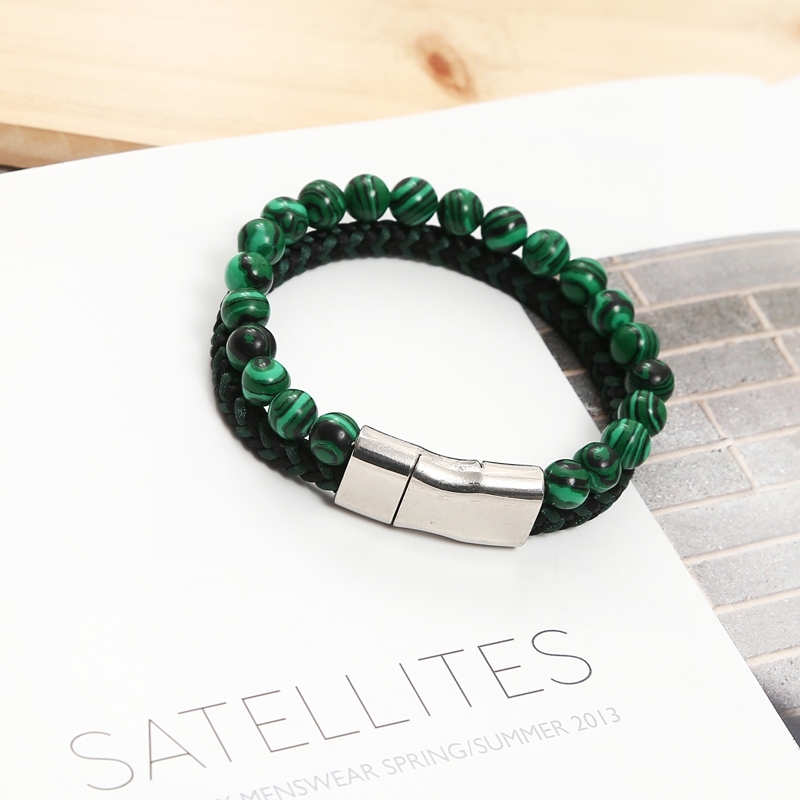8MM Natural Tiger eye Stone Beads Stainless Steel Magnetic Leather Bracelet