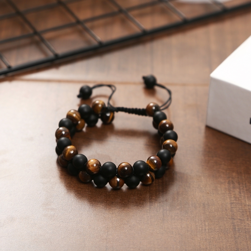 Handmade Tiger eye Matte Black Agate Double Braided Rope Woven Bracelet for Men