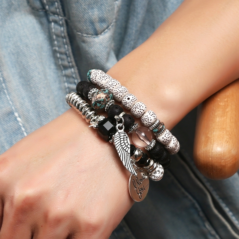 Charm Beads Leather Wrap Wing Braided Cuff Bangle Tube Bracelet for Lover