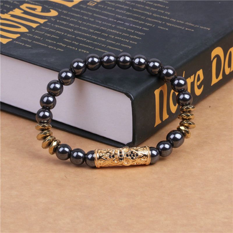 8mm Natural Magnetite Hematite Gold Cross Zicron Chip Beads Bracelet Women Men