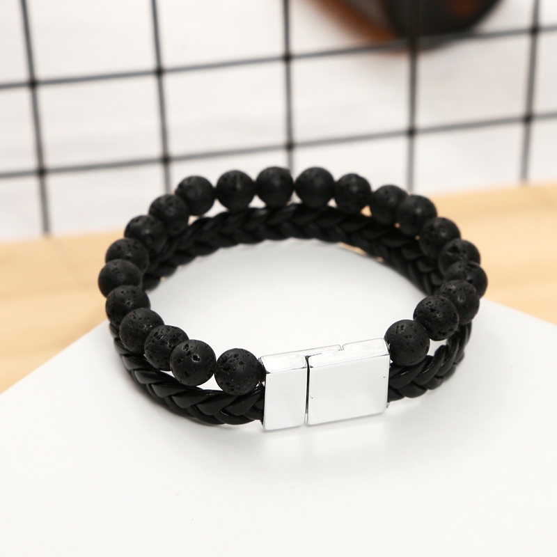 8MM Natural Tiger eye Stone Beads Stainless Steel Magnetic Leather Bracelet