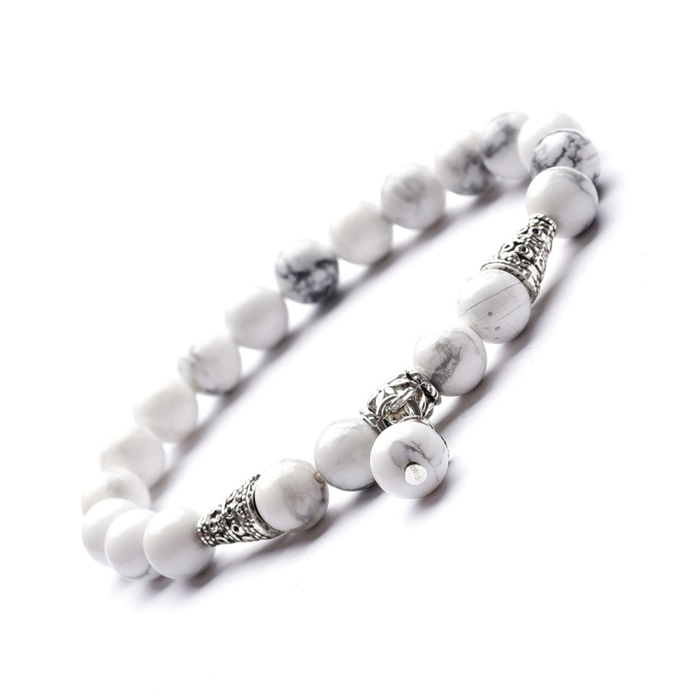 8mm Natural Gemstone Beads Alloy Flower Charm Cone Bracelet for Women and Men