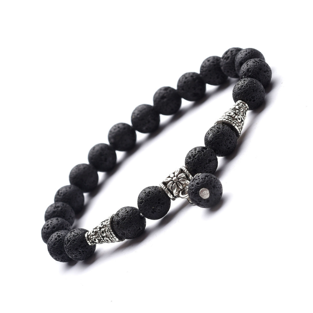 8mm Natural Gemstone Beads Alloy Flower Charm Cone Bracelet for Women and Men