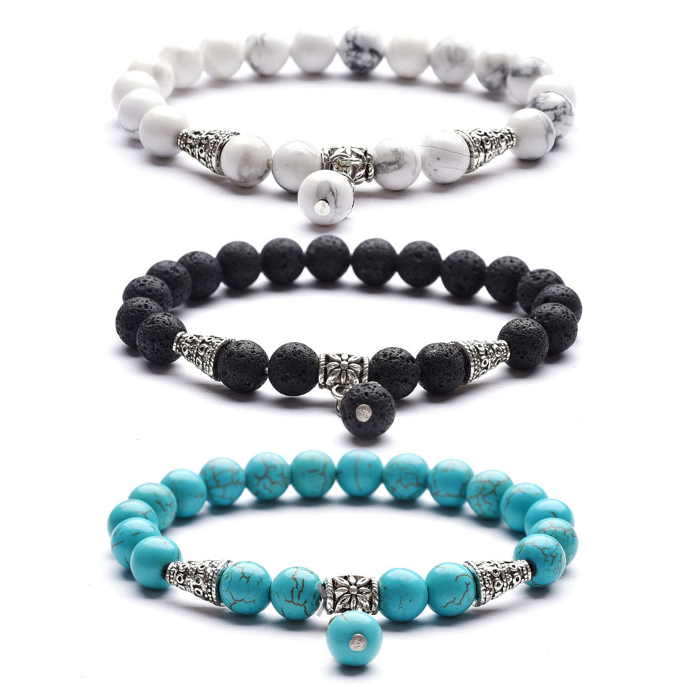 8mm Natural Gemstone Beads Alloy Flower Charm Cone Bracelet for Women and Men